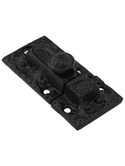 Late Victorian Cast-Iron Decorative Cabinet Slide Latch in Matte Black.